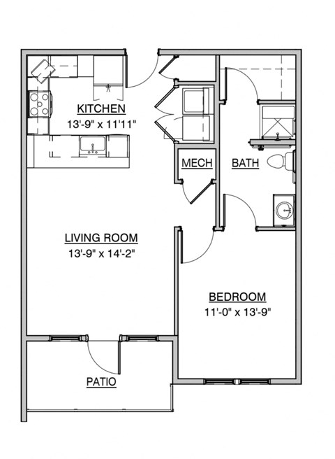 Floor plan for 1 bed, 1 bath, 750 sqft